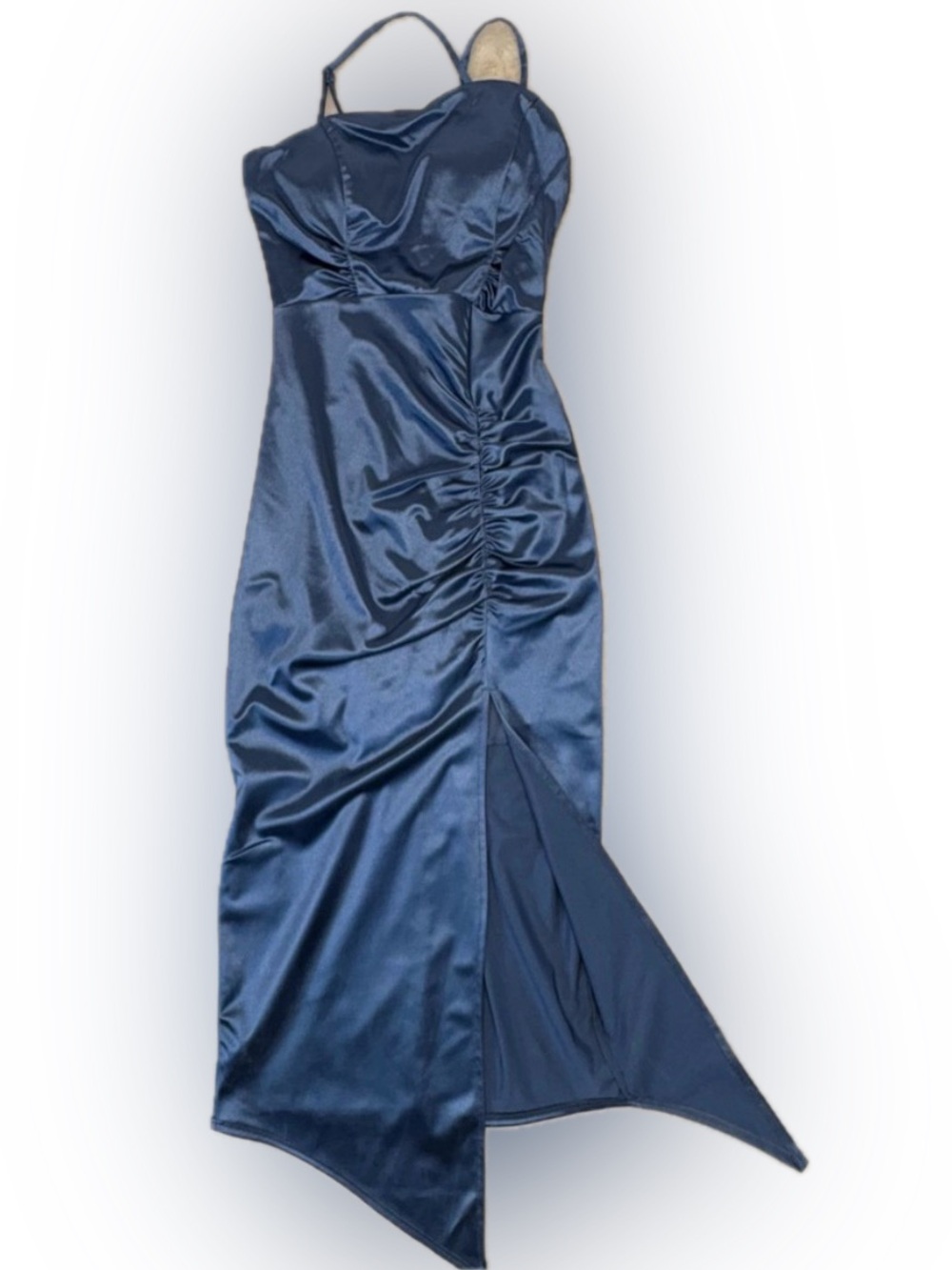 NWT Le Chateau Blue Satin Ruched Asymmetrical High Slit Midi Dress Size S